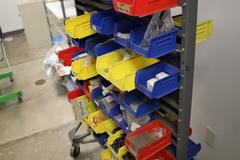 Rolling Tree Rack with Plastic Hanging Bins with Contents of Hardware and Fasteners