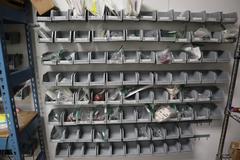 Wall with Teardrop Style Adjustable Racking 5 Shelves, and Mounted Bins with Contents, Hardware, Fasteners, Heli Coil Thread Inserts, and More