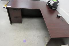 L-Shaped Office Desk with 2 Drawer Cabinet, Laminate Wood Top and Assorted Contents