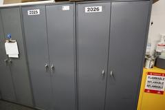 Metal 2 Door Heavy Duty Storage Cabinets (2 Units) with Adjustable Shelves and Contents of Plastic Bins and Parts