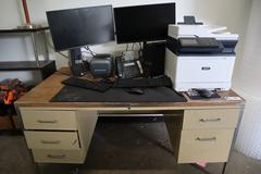 Steel 5 Drawer Shipping Desk with Computer, Monitors, Xerox Scanner Printer