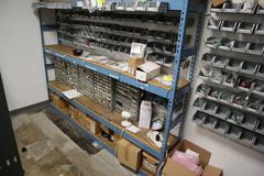Wall with Teardrop Style Adjustable Racking 5 Shelves, and Mounted Bins with Contents, Hardware, Fasteners, Heli Coil Thread Inserts, and More