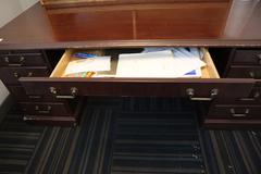 Wooden Office Desk with Side and Center Drawers and Top Book Shelf