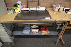 Steel Frame Work Bench with Wood Top and Wooden Work Bench with Contents