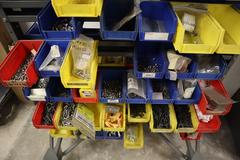 Rolling Tree Rack with Plastic Hanging Bins with Contents of Hardware and Fasteners