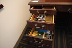 Wooden Office Desk with Side and Center Drawers and Top Book Shelf