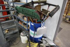 Drum of Cleaning Tools, Brooms, Squeegees, Dust Pans, Bucket Vac