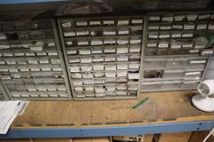 Wall with Teardrop Style Adjustable Racking 5 Shelves, and Mounted Bins with Contents, Hardware, Fasteners, Heli Coil Thread Inserts, and More