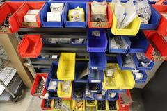Rolling Tree Rack with Plastic Hanging Bins with Contents of Hardware and Fasteners