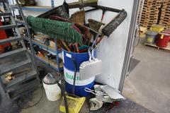 Drum of Cleaning Tools, Brooms, Squeegees, Dust Pans, Bucket Vac