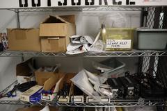 Rolling Adjustable Shelf Wire Racking with 6 Shelves and Contents Hardware, Clamps and Assorted Tools
