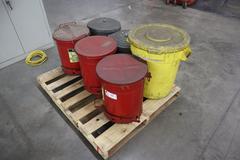 Oily Waste Containers, (3) Just-Rite 10 Gallon Foot Lever Operated, (2) Galvanized Cans With Lids, (1) Plastic Can
