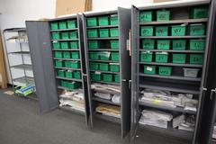 Metal 2 Door Heavy Duty Storage Cabinets (3 Units) with Adjustable Shelves and Contents of Plastic Bins and Parts