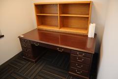 Wooden Office Desk with Side and Center Drawers and Top Book Shelf