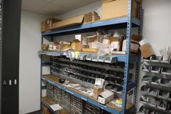 Wall with Teardrop Style Adjustable Racking 5 Shelves, and Mounted Bins with Contents, Hardware, Fasteners, Heli Coil Thread Inserts, and More