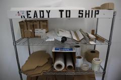 Wire Shelf Unit with 6 Adjustable Shelves, and Contents of Shipping Supplies, Boxes, Shrink Wrap, Corner Protectors and Tape