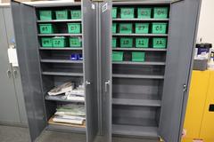 Metal 2 Door Heavy Duty Storage Cabinets (2 Units) with Adjustable Shelves and Contents of Plastic Bins and Parts