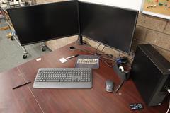L-Shaped Laminated Office Desk with 2 Door File Cabinets and Dell Core I5 VPro 9th Gen PC with Sceptre 23" Dual Monitors, Keyboard and Mouse