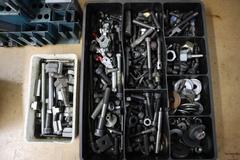 Clamp Hardware In Racks and Bins, Mostly 1/2", Studs, Nuts, Risers, Strap Clamps and More