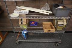 Rolling Wire Racking Unit with 6 Adjustable Shelves and Assorted Contents