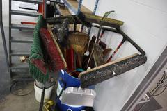 Drum of Cleaning Tools, Brooms, Squeegees, Dust Pans, Bucket Vac