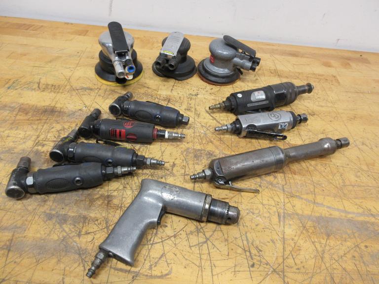 Pneumatic Power Tools, (3) 4.5" Palm Sanders, (4) 90 Deg Die Grinders, (3) Straight Die Grinders, (1) Drill with 3/8" Keyed Chuck