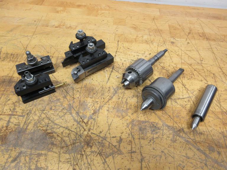 Manual Lathe Tooling, (3) Dorian QITP25-N and (1) Aloris AXA 1 Tool Post Holders, Jacobs Keyed Chuck & Live Center with #2 MT, Royal Live Center 1" Straight Shank