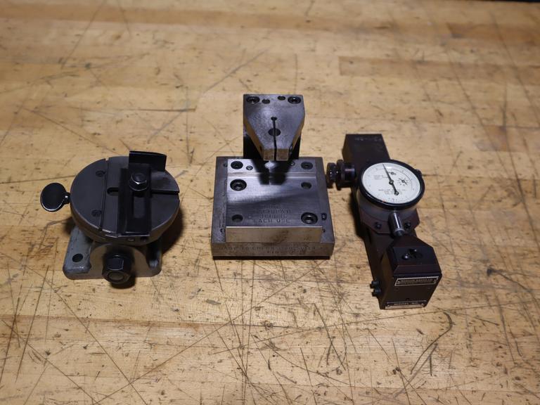 Inspection Fixtures (3pcs), (1) Mueller Model 77M Shallow Bore Gage .5" - 3.5", (1) Travel Indicator Stand, (1) Geometric Style A, Tilting 3" Rotary Table