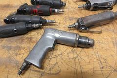 Pneumatic Power Tools, (3) 4.5" Palm Sanders, (4) 90 Deg Die Grinders, (3) Straight Die Grinders, (1) Drill with 3/8" Keyed Chuck